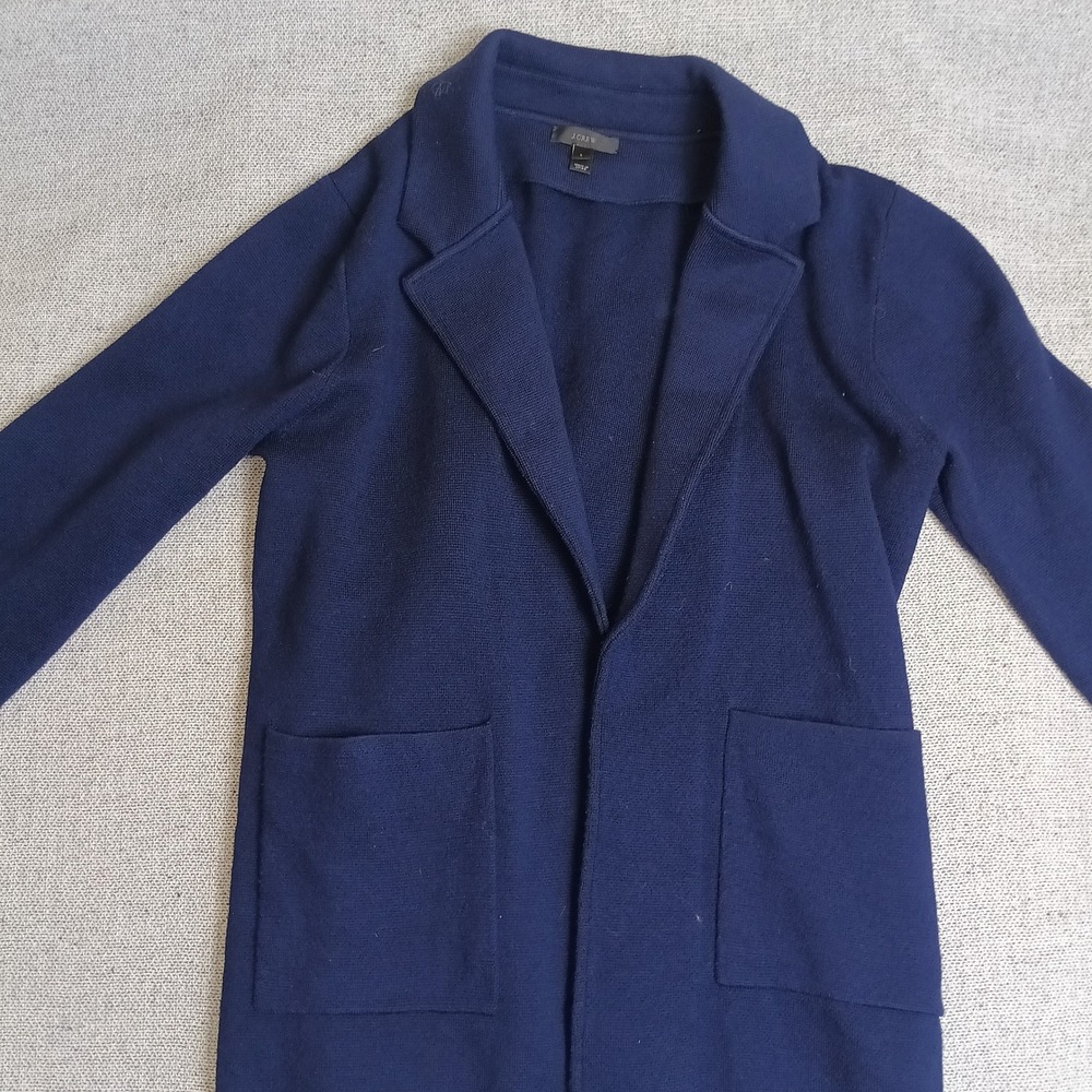 J.Crew Sweater Blazer Womens L Navy Excellent 100% Merino Wool Open Front Pocket